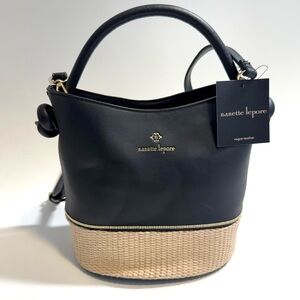 Nanette Lepore Black Tan Rattan Reese Vegan Leather Bucket Bag Shoulder Bag NWT
